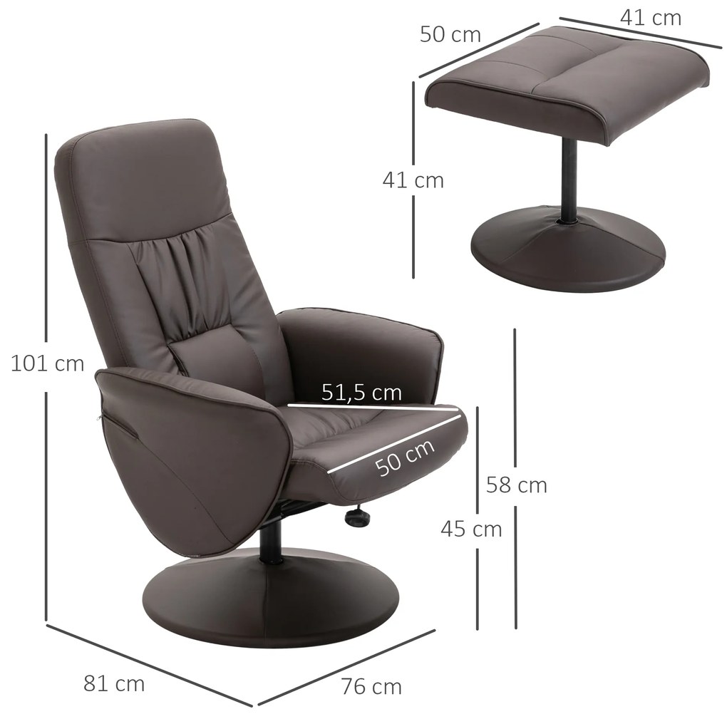 HOMCOM Σετ 2 τεμαχίων πολυθρόνας, Πολυθρόνα με υποπόδιο, Πολυθρόνα Relax με υποπόδιο, ρυθμιζόμενο ύψος, ανακλινόμενη πλάτη, Καφέ