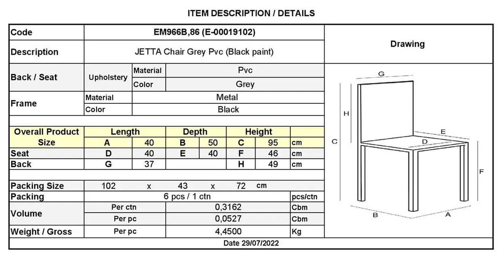 Καρέκλα JETTA PVC Γκρι/Βαφή Μαύρη (Συσκ.6) 40x50x95cm