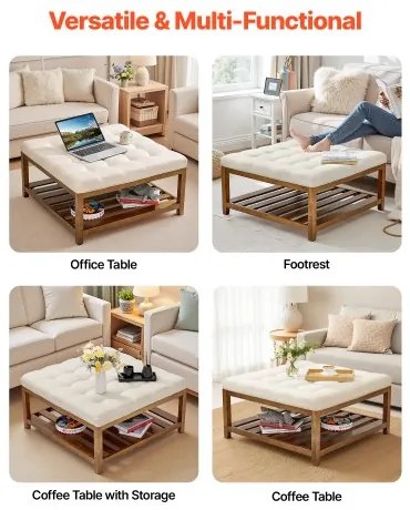 VEVOE Large Square Ottoman Coffee Table, 87.5 cm Tufted Coffee Table with Solid Wood Shelf Storage, Linen Solid Upholstered Footrest Ottoman for Bedroom Living Room, 400 LBS, Off-White