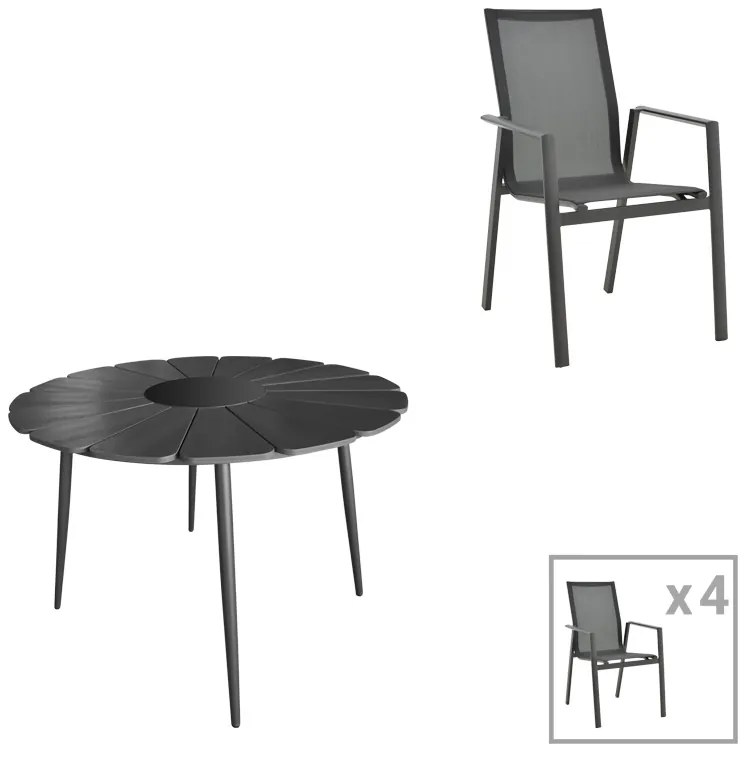 Τραπεζαρία Pinap-Dashiell σετ 5τεμ  μαύρο αλουμίνιο και plywood σε μαύρη απόχρωση Φ110x74εκ
