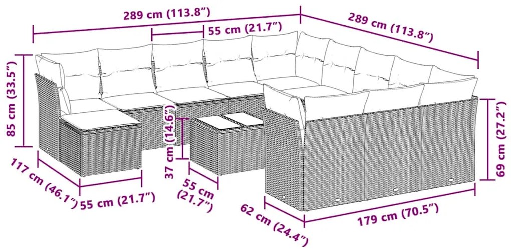 vidaXL Σαλόνι Κήπου 13 Τεμαχίων Γκρι από Συνθετικό Ρατάν με Μαξιλάρια