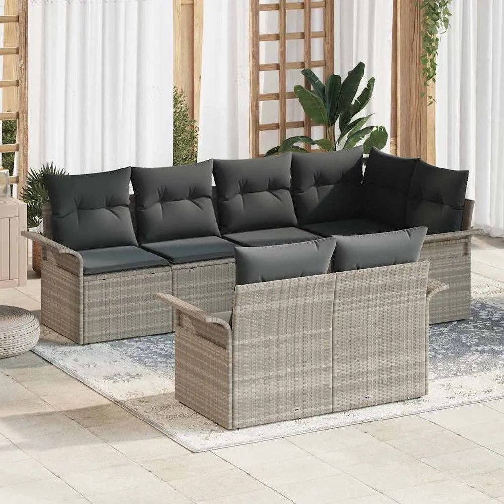 vidaXL Σετ Καναπέ Κήπου με μαξιλάρι 7 pcs Ανοιχτό γκρι Πολυ ράταν