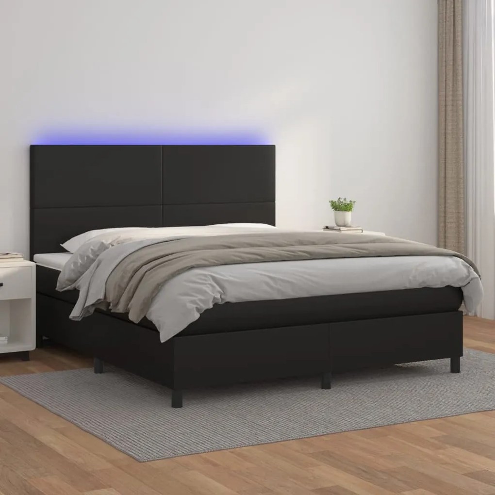 Κρεβάτι Boxspring με Στρώμα & LED Μαύρο 180x200 εκ. Συνθ. Δέρμα