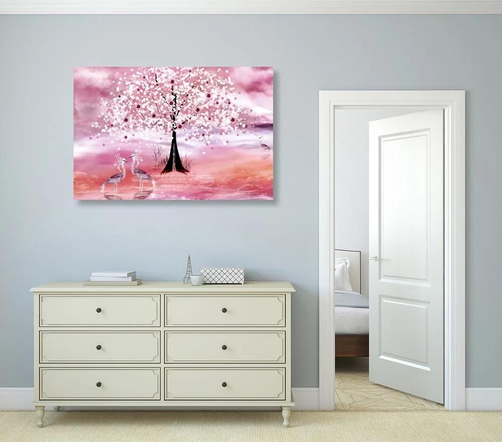Εικόνα ερωδιών κάτω από ένα μαγικό δέντρο σε ροζ χρώμα - 60x40