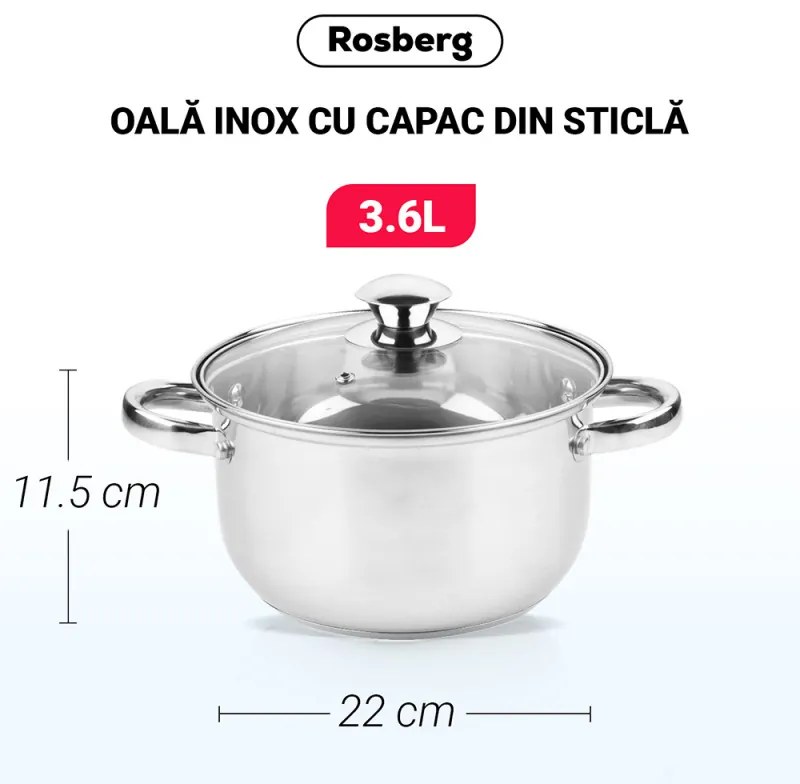 Κατσαρόλα Rosberg R51210O22, 3.6L, 22 cm, Γυάλινο καπάκι με τρύπα εκτόνωσης ατμού, Inox