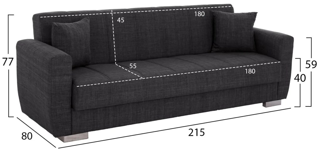 Καναπές - Κρεβάτι Polya 3θέσιος Γκρί 215x80x77Υ εκ. 215x80x77 εκ.