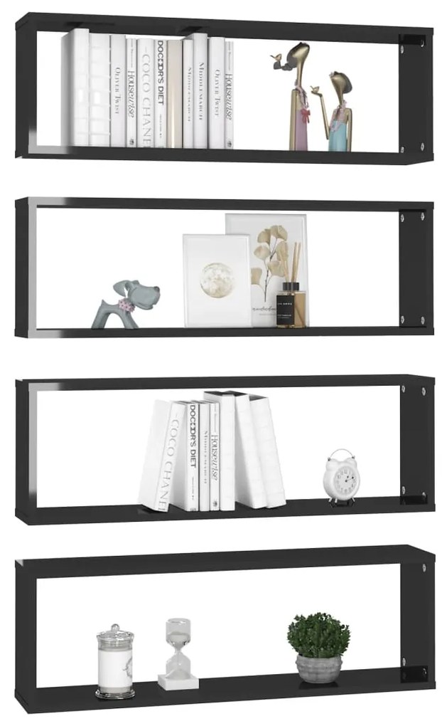 vidaXL Ράφια Κύβοι Τοίχου 4 τεμ. Γυαλ. Μαύρο 80x15x26,5εκ. Μοριοσανίδα