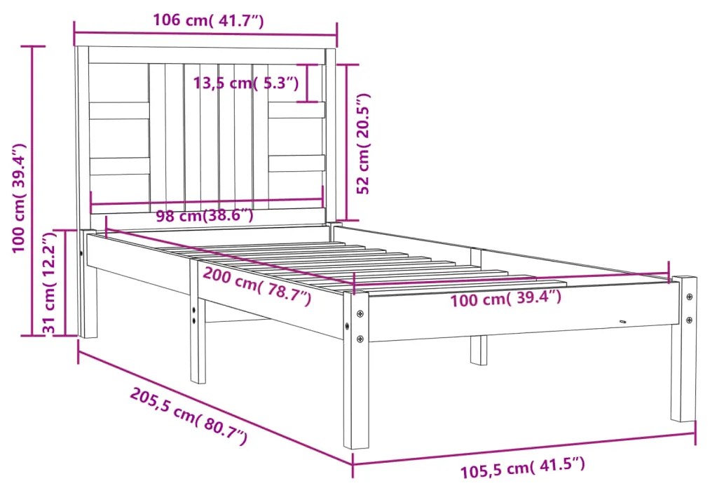 vidaXL Πλαίσιο Κρεβατιού Καφέ Μελί 100 x 200 εκ. Μασίφ Ξύλο Πεύκου