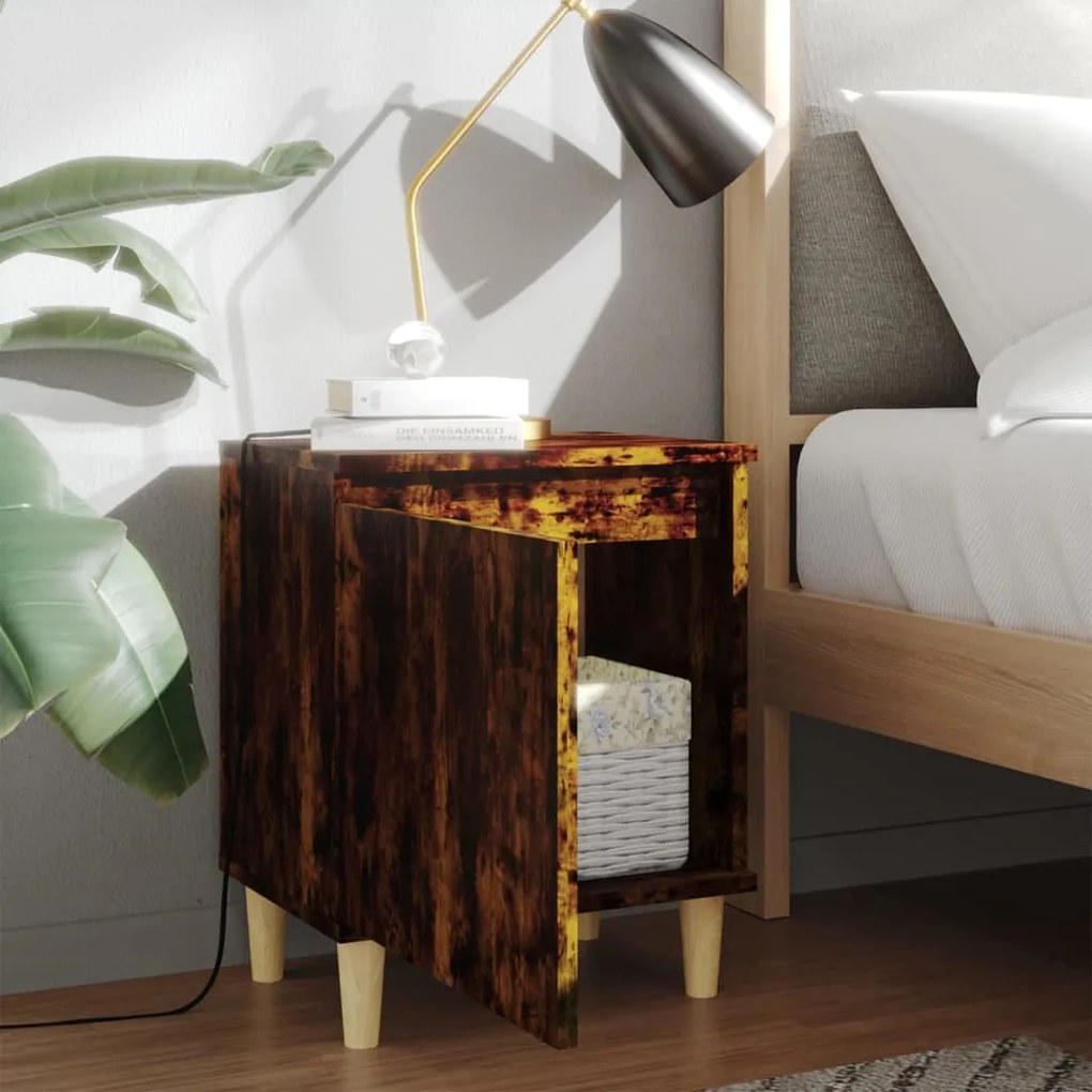 vidaXL Κομοδίνα 2 τεμ. Καπνιστή Δρυς 40x30x50εκ. & Μασίφ Ξύλινα Πόδια