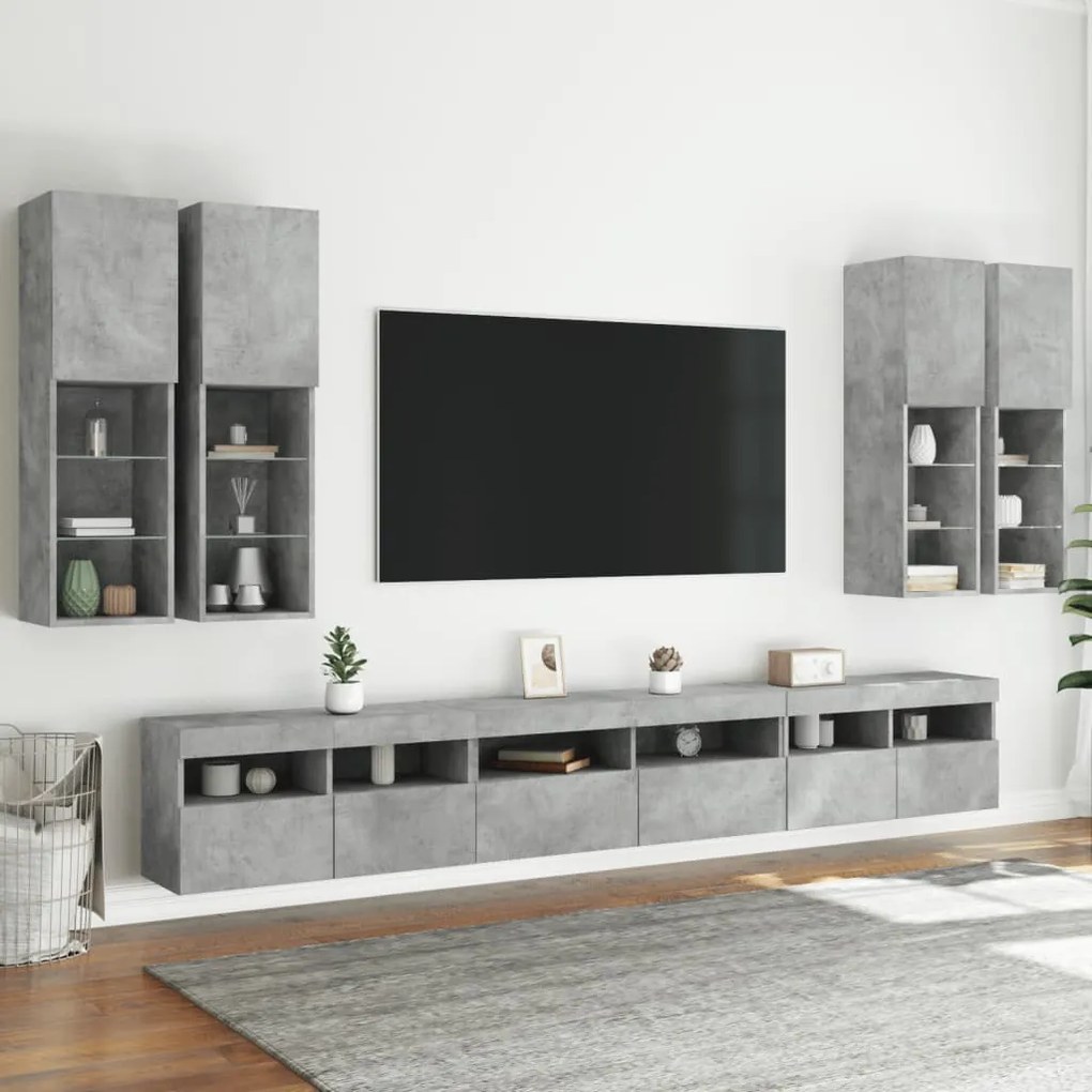 vidaXL Ντουλάπια Τηλεόρασης Τοίχου 7 τεμ. Φώτα LED Γκρι Σκυροδέματος