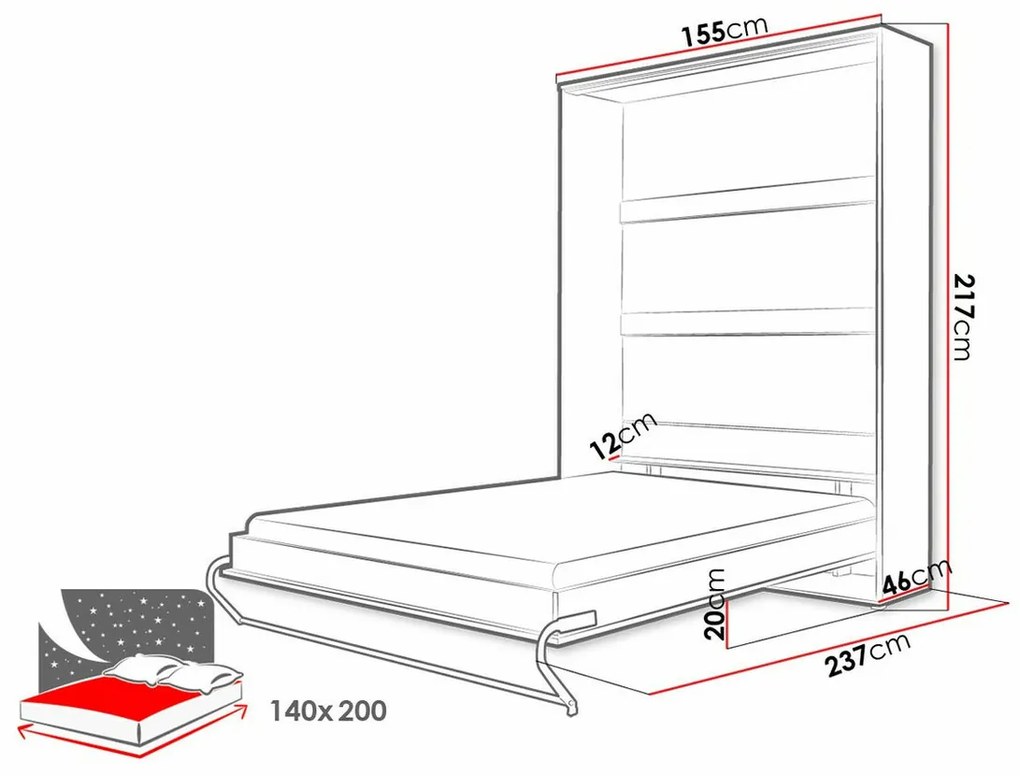 Κρεβάτι - ντουλάπα Concept Pro Lenart AH109, Διπλό, Γκρι, 140x200, Πλαστικοποιημένη μοριοσανίδα, Τάβλες για Κρεβάτι, 155x237x217cm | Epipla1.gr