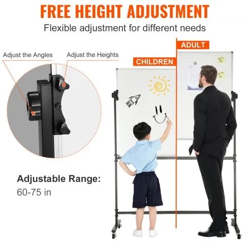 VEVOR Rolling Whiteboard, 48x32 inch Double-Sided Magnetic Mobile Whiteboard, 360° Reversible Adjustable Height Dry Erase Board with Wheels & Movable Tray for Office School