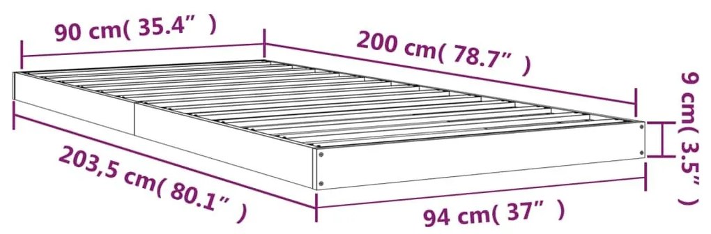 Πλαίσιο Κρεβατιού Μαύρο 90 x 200 εκ. από Μασίφ Ξύλο Πεύκου - Μαύρο