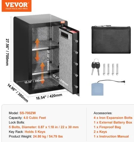 VEVOR Single Door 3.5 cu.ft Safe Box with Key Lock Password &amp; Fingerprint Black