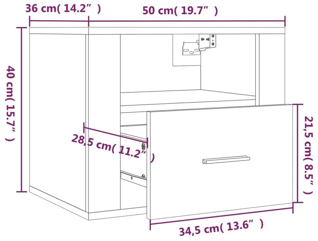 Κομοδίνο Επιτοίχιο Καπνιστή Δρυς 50x36x40 εκ. - Καφέ