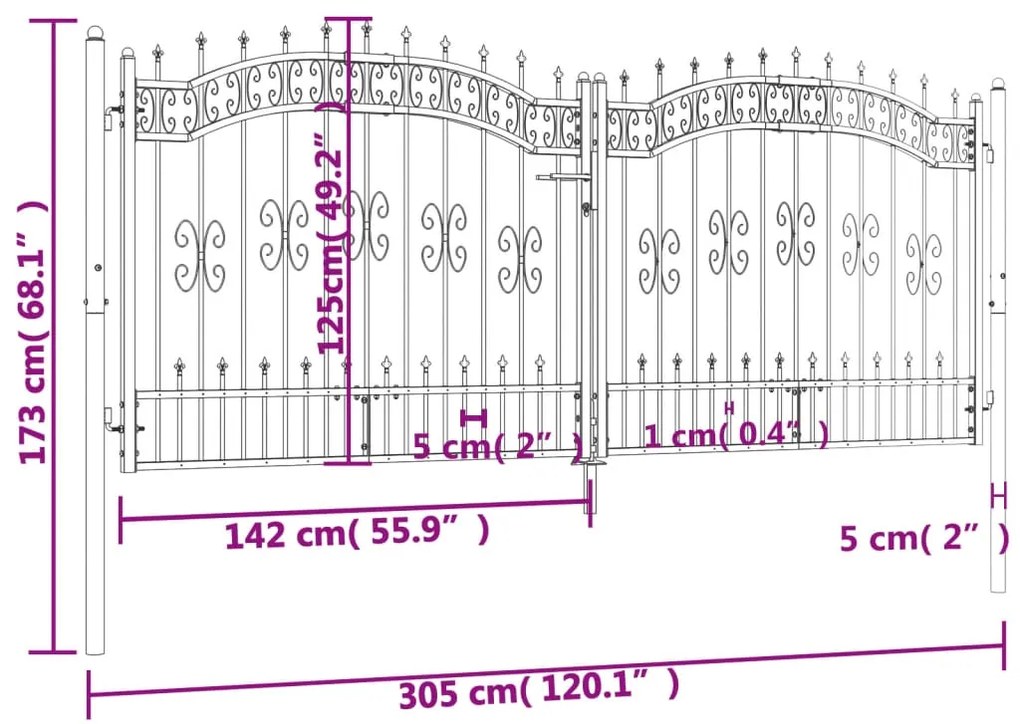 vidaXL Πόρτα Φράχτη με Ακίδες Μαύρη 305x173 εκ. Ατσάλι με Ηλεκτρ. Βαφή