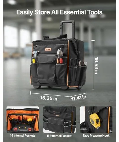 VEVOR Rolling Tool Bag 25 Pockets Heavy Duty Roller Tool Bag on Wheels