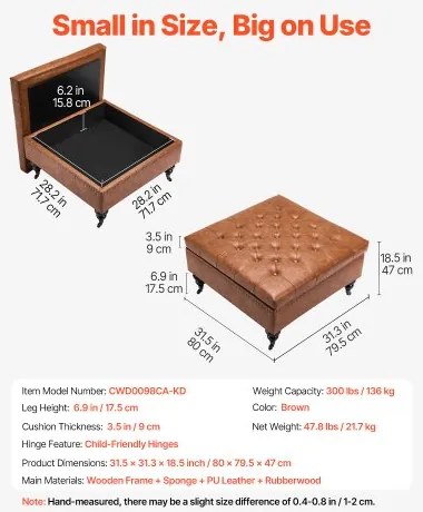 VEVOR 31 in Square Leather Ottoman with Storage Coffee Table for Living Room
