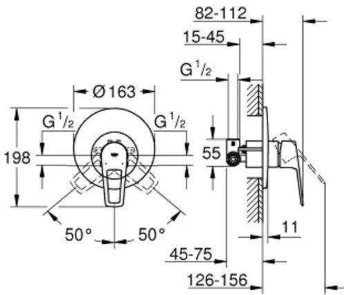 Πλήρες σετ εντοιχιζόμενης μπαταρίας ντουσιέρας Grohe BauLoop