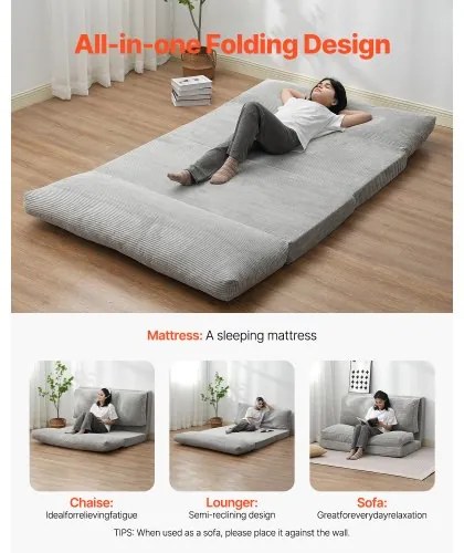 VEVOR Folding Sofa Bed Foldable Couch Bed with Washable Cover Dark Grey (Full)
