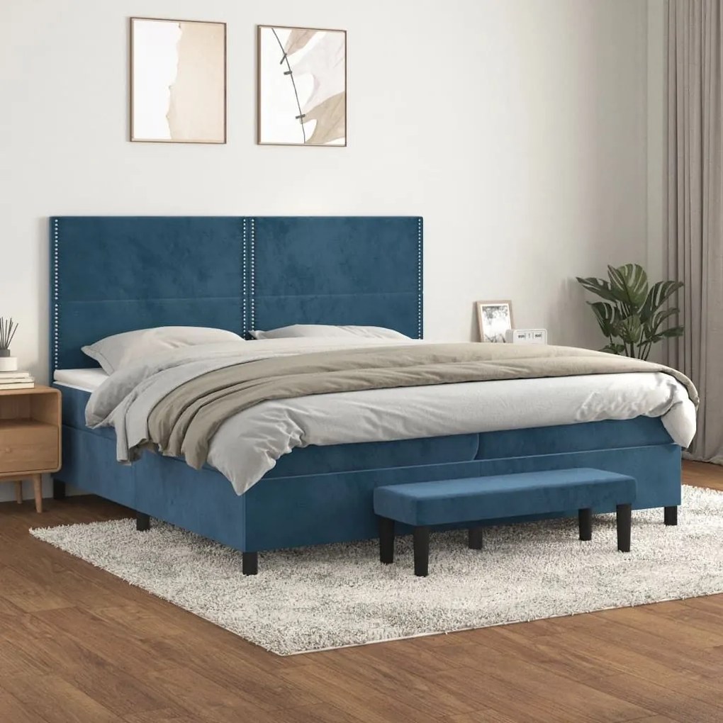 Κρεβάτι Boxspring με Στρώμα Σκούρο Μπλε 200x200 εκ. Βελούδινο - Μπλε