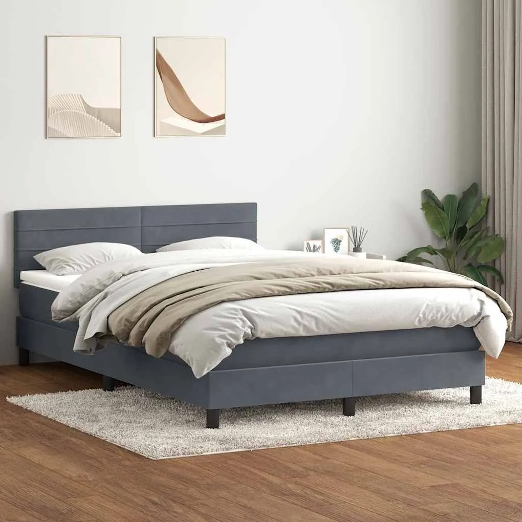 Κρεβάτι Boxspring με Στρώμα Σκούρο Γκρι 140x210 εκ. Βελούδινο - Γκρι