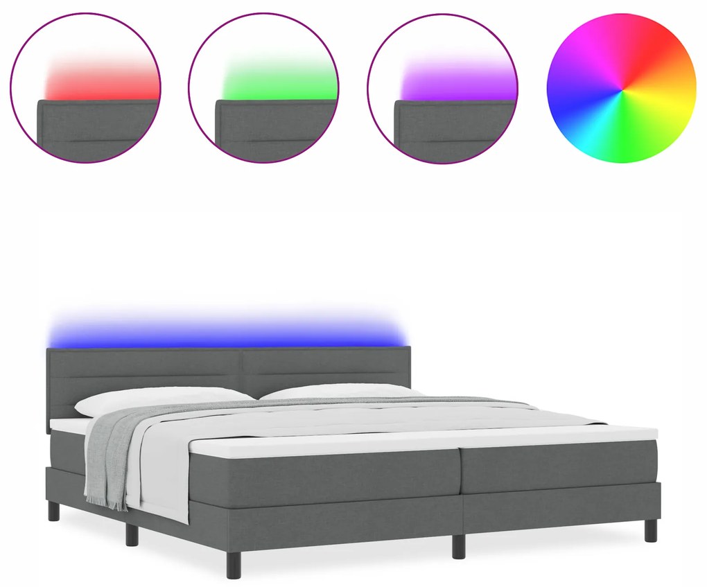 vidaXL Κρεβάτι Box Spring με Στρώμα & LED Γκρι Σκούρο 200x200 εκ. Υφάσματος