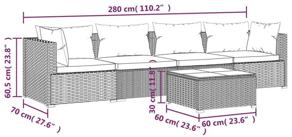 Σαλόνι Κήπου Σετ 5 Τεμαχίων Γκρι Συνθετικό Ρατάν με Μαξιλάρια - Γκρι