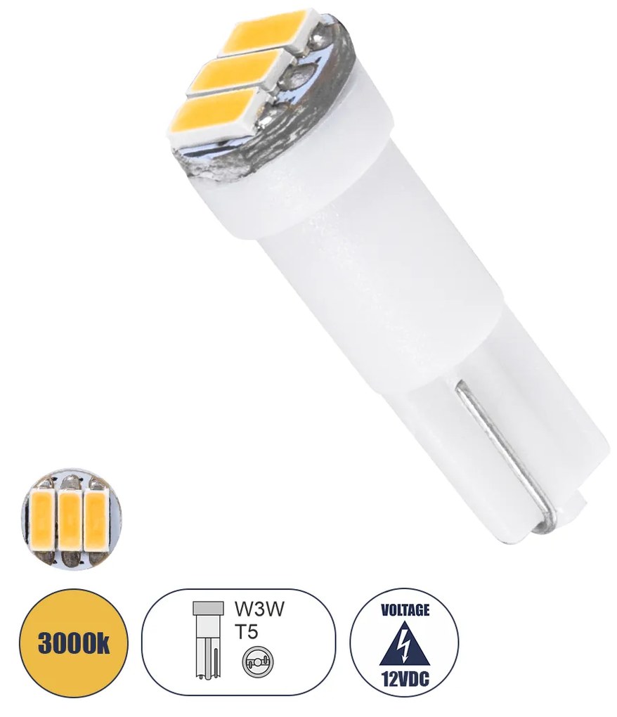 GloboStar® 81037 Λάμπα Αυτοκινήτου LED T5 3xSMD4014 0.9W 135lm 120° DC 12-16V IP20 Φ0.6 x Υ1.8cm Θερμό Λευκό 3000K