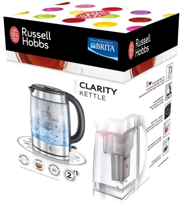 Γυάλινος ηλεκτρικός βραστήρας με φίλτρο Russell Hobbs Clarity 20760-57, 2200W, 1L, Φωτιζόμενος, Κρυφός θερμαντήρας, SCHOTT DURAN, Ανοξείδωτο