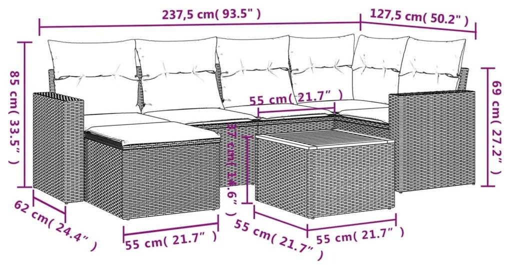 vidaXL Καναπές Σετ 7 Τεμαχίων Μαύρο Συνθετικό Ρατάν με Μαξιλάρια