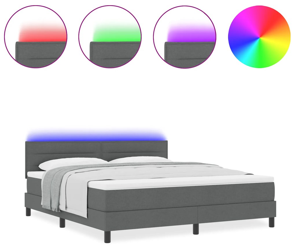 vidaXL Κρεβάτι Box Spring με Στρώμα & LED Σκούρο Γκρι 180x200 εκ Ύφασμα