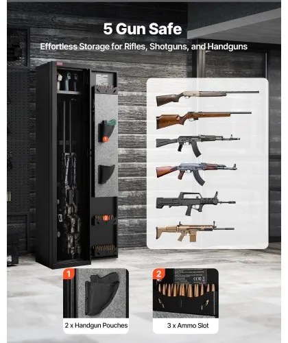 VEVOR Gun Safe, Heavy Duty Cold-Rolled Steel Fireproof Rifle Cabinet with Fingerprint, Digital Keypad &amp; Key, Large Long Gun Cabinet with Magazine and LED, Adjustable Racks for Rifles, Pistols, Shotgun