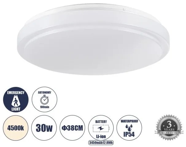 Πλαφονιέρα Οροφής 30W IP54 Φ38 4500K EMERGANO Λευκό 60993 Globostar-60993-Λευκό 60993