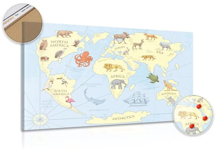 Εικόνα στον παγκόσμιο χάρτη φελλού με τα ζώα - 120x80  arrow