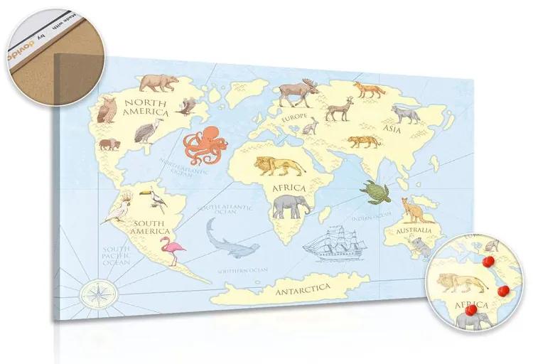 Εικόνα στον παγκόσμιο χάρτη φελλού με τα ζώα - 90x60  transparent