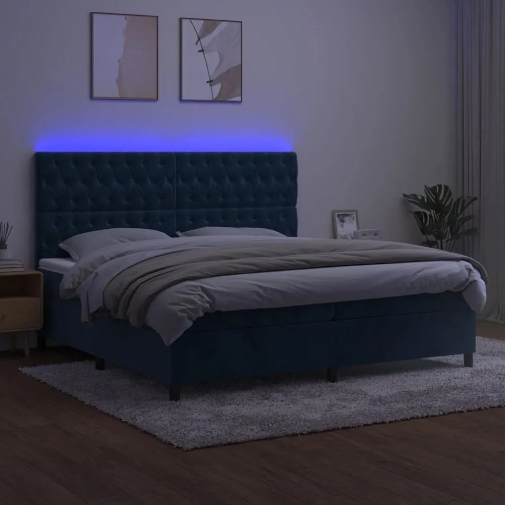 vidaXL Κρεβάτι Boxspring με Στρώμα & LED Σκ. Μπλε 200x200εκ. Βελούδινο