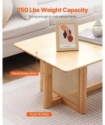 VEVOR Rattan Coffee Table Rectangle Rattan Coffee Table 1-Tier for Living Room