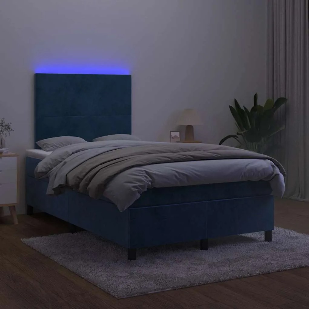 vidaXL Κρεβάτι Boxspring με Στρώμα & LED Σκ. Μπλε 120x190εκ. Βελούδινο