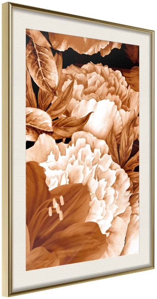 Αφίσα - Peonies in Sepia - 30x45 - Χρυσό - Με πασπαρτού