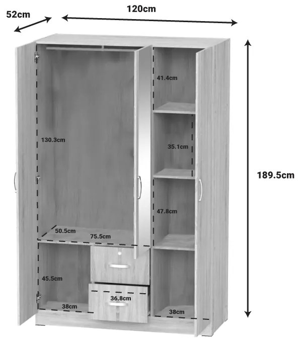 Ντουλάπα ρούχων τρίφυλλη Dillion pakoworld sonoma μελαμίνης 120x52x190εκ