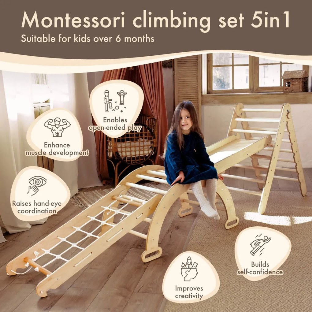 Σετ Αναρριχησης Montessori 5 Σε 1: Τριγωνικη Σκαλα + Αψιδα + Τσουληθρα + Διχτυ + Μαξιλαρι