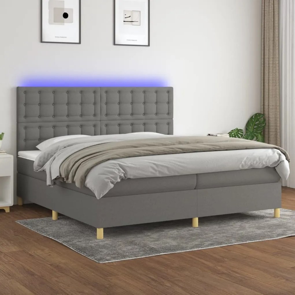 vidaXL Κρεβάτι Boxspring με Στρώμα & LED Σκ.Γκρι 200x200εκ. Υφασμάτινο