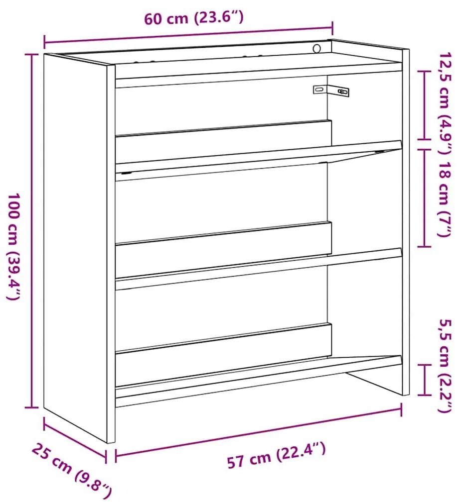 Ράφι παπουτσιών Γκρι Sonoma 60x25x62 cm Κατασκευασμένο ξύλο - Γκρι