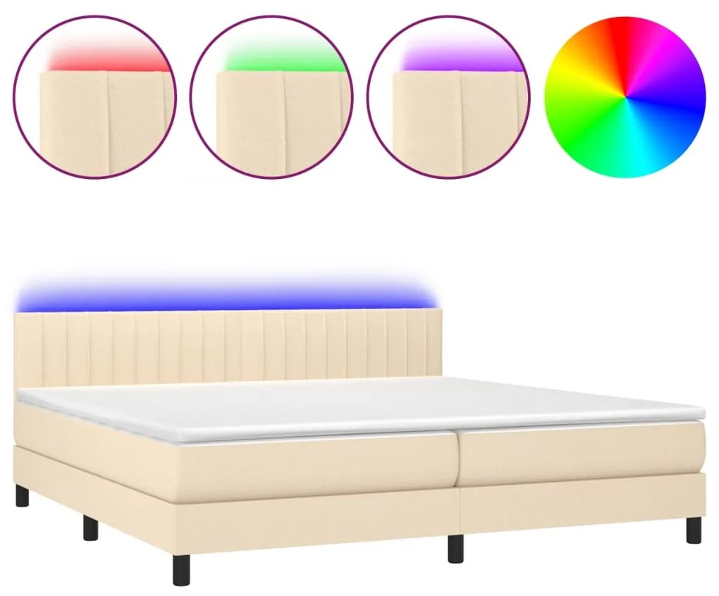 vidaXL Κρεβάτι Boxspring με Στρώμα &amp; LED Κρεμ 200x200 εκ. Υφασμάτινο