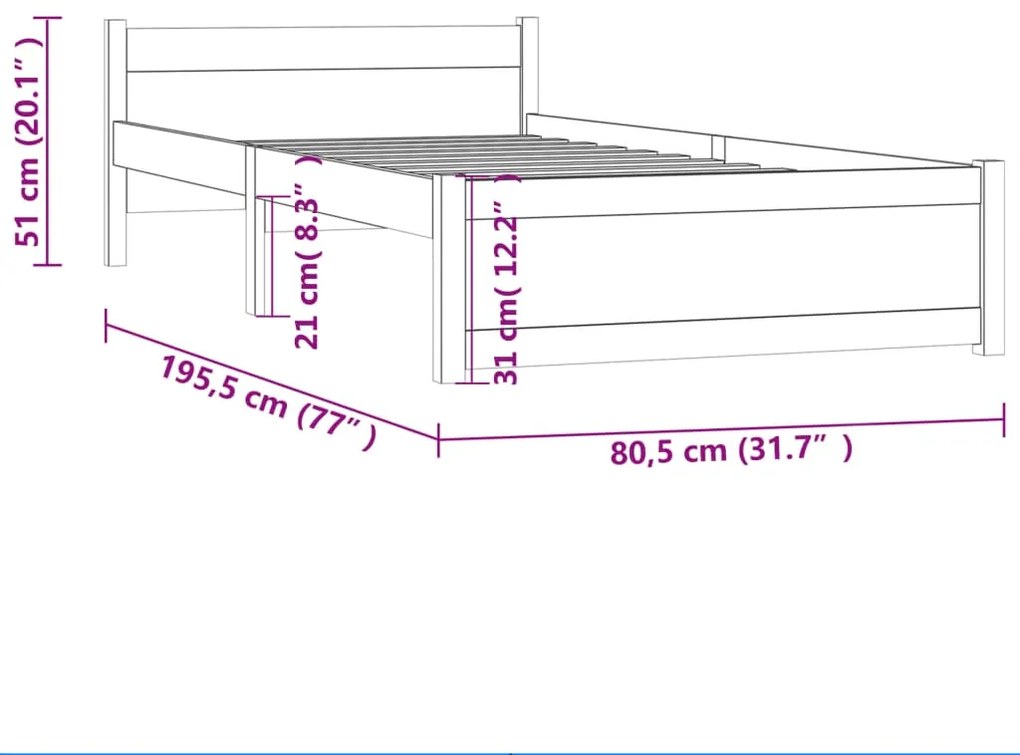 ΠΛΑΙΣΙΟ ΚΡΕΒΑΤΙΟΥ ΓΚΡΙ 75X190 ΕΚ. ΜΑΣΙΦ ΞΥΛΟ 2FT6 SMALL SINGLE 815006