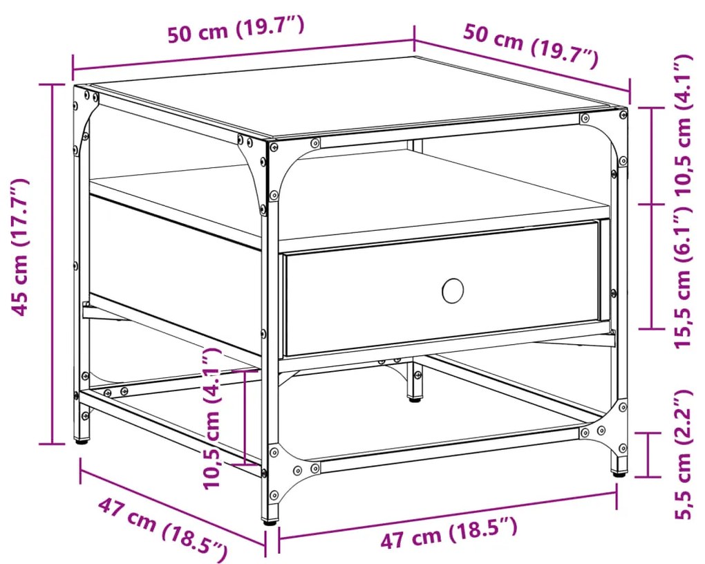 Τραπεζάκι Σαλονιού Γυάλινη Επιφ. Sonoma Δρυς 50x50x45εκ. Ατσάλι - Καφέ