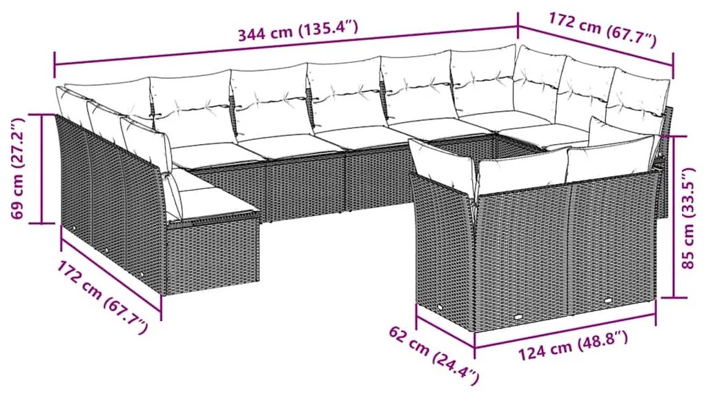 vidaXL Σαλόνι Κήπου 12 Τεμαχίων Αν. Γκρι Συνθετικό Ρατάν με Μαξιλάρια