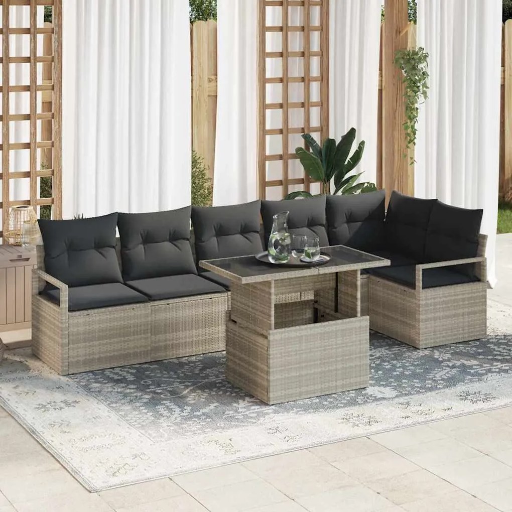 vidaXL Σετ Καναπέ Κήπου με μαξιλάρι 7 pcs Ανοιχτό γκρι Πολυ ράταν
