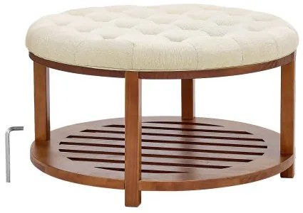 VEVOE Large Round Ottoman Coffee Table, 81 cm Tufted Coffee Table with Solid Wood Shelf Storage, Linen Solid Upholstered Footrest Ottoman for Bedroom Living Room, 350 LBS, Linen Color